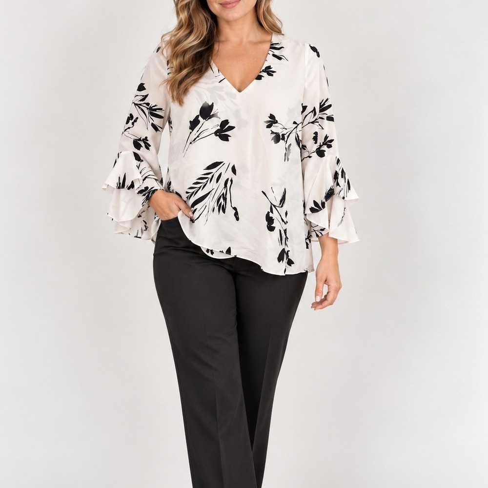 Vince Camuto Womens Black White Floral V-Neck Ruffle Sleeve Blouse Large Office